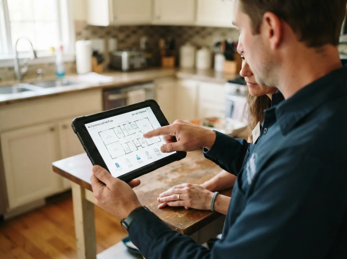 Water damage restoration technician inspecting a home in Somonauk, IL